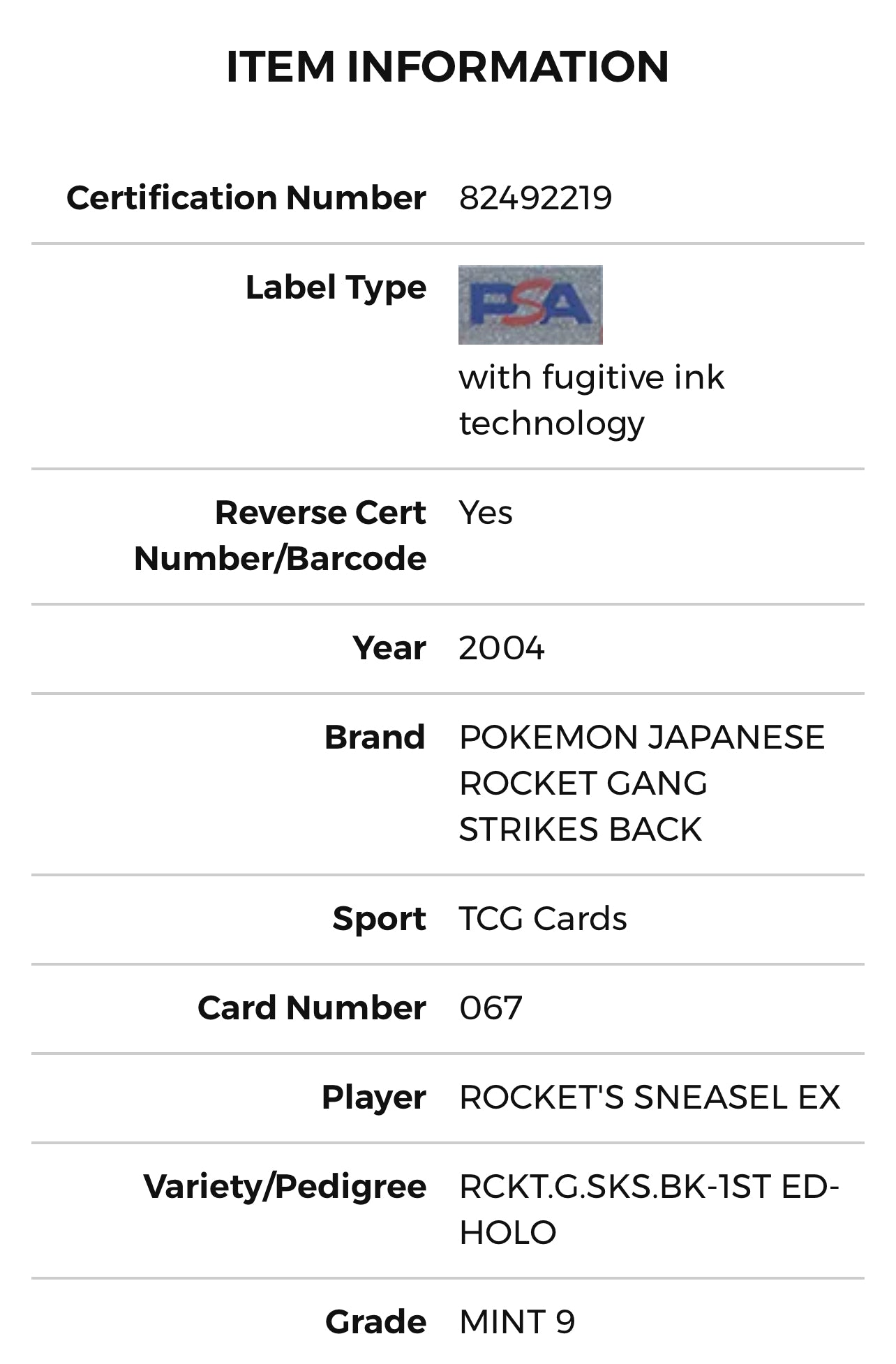 PSA 9 Rocket’s Sneasel ex (J) Rocket Gang Returns