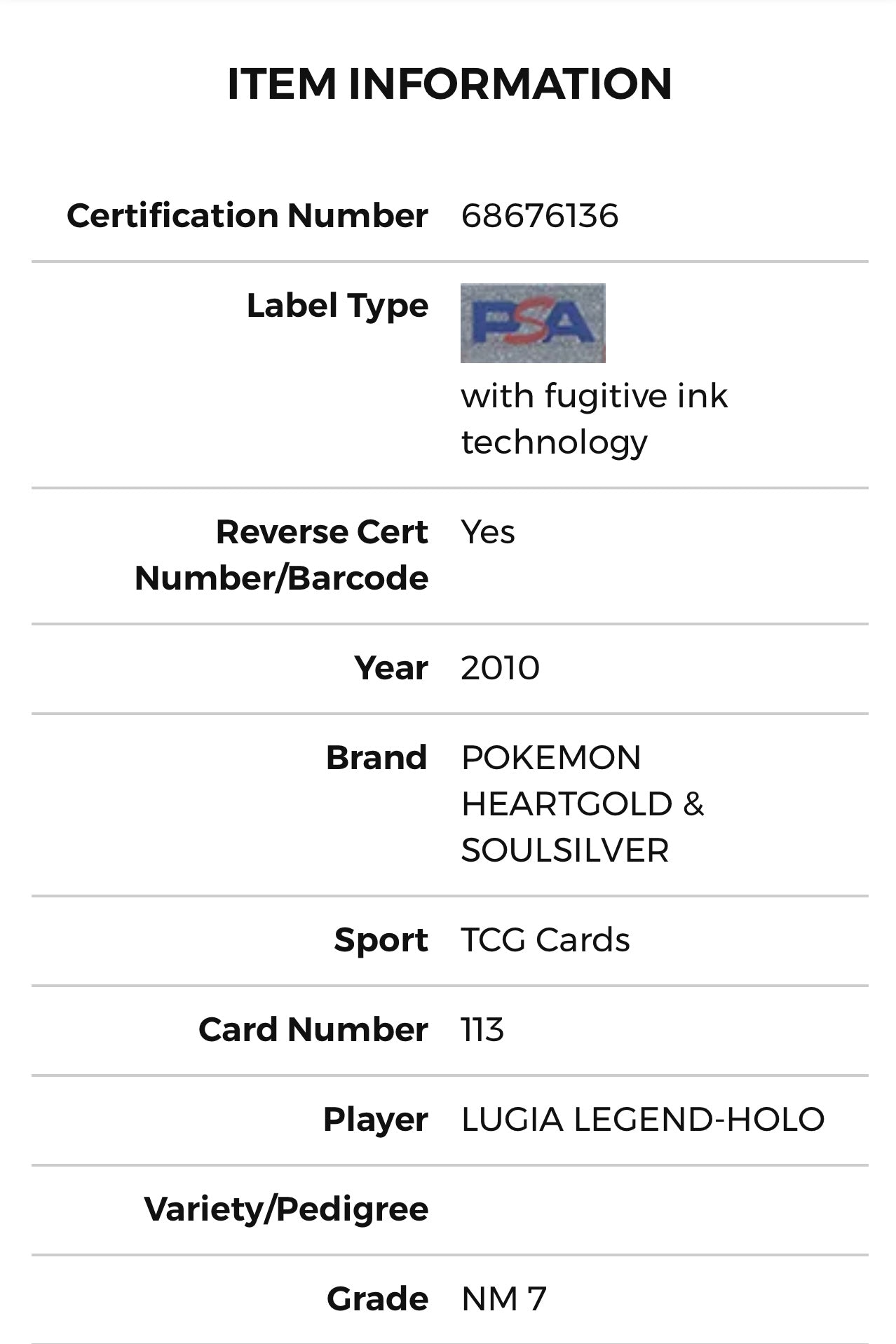 PSA 7 Lugia Legends HGSS Set w/ Swirl