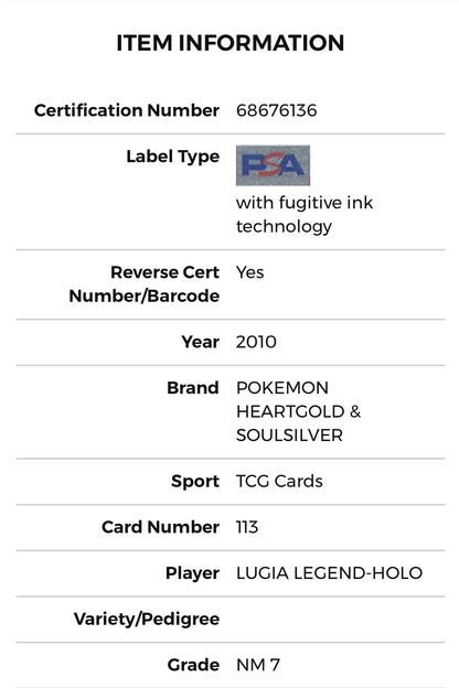 PSA 7 Lugia Legends HGSS Set w/ Swirl