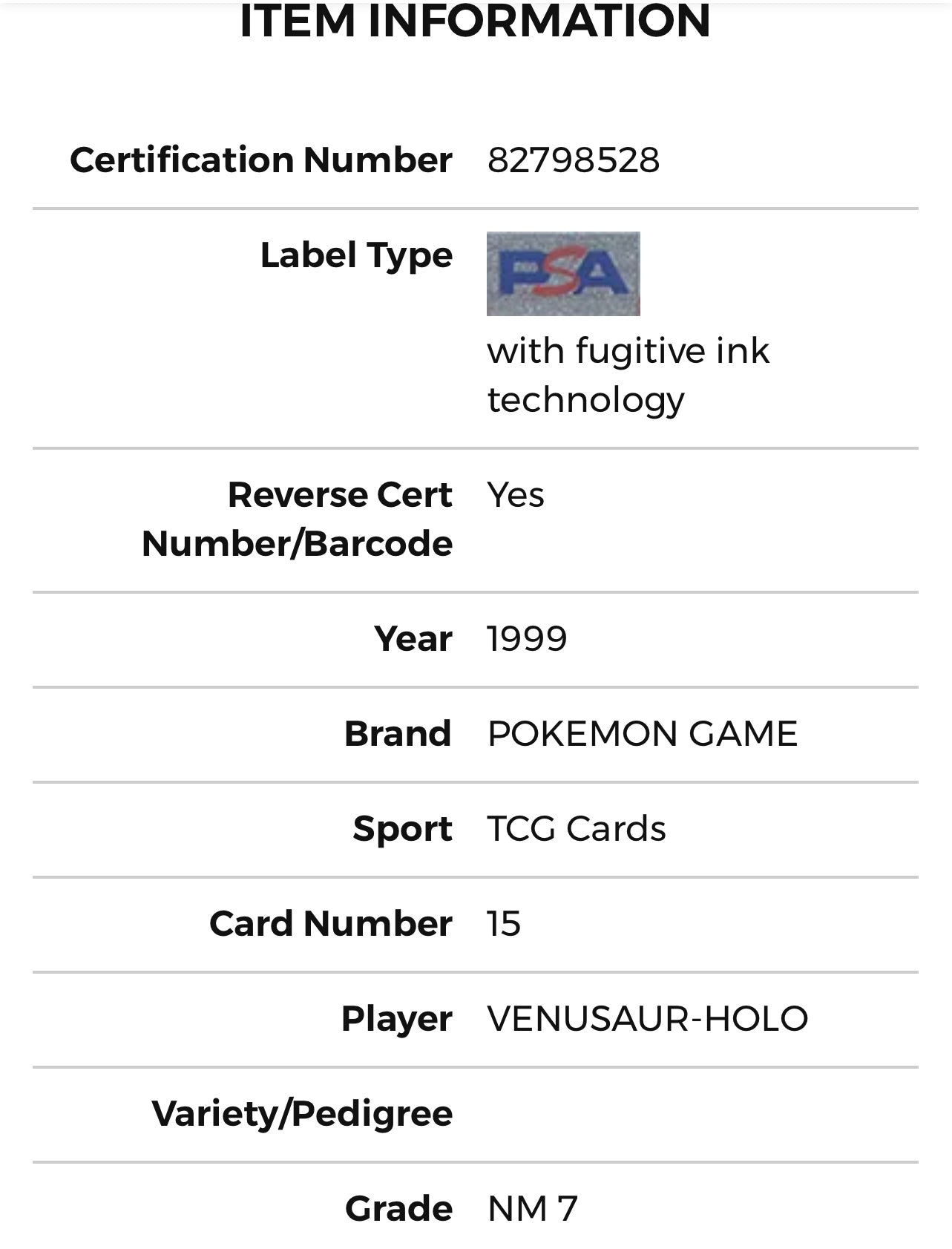 PSA 7 Venusaur Base Set ULTD