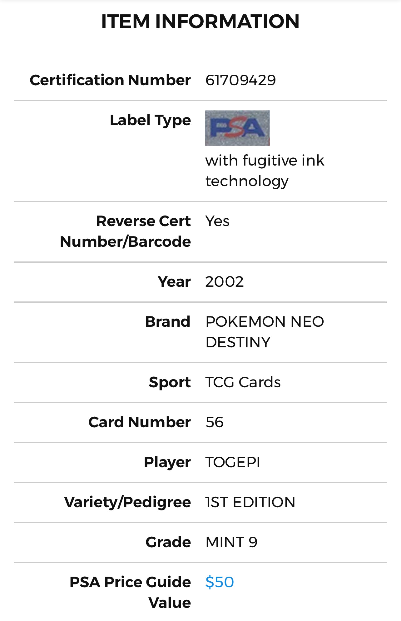 PSA 9 1st Edition Togepi Neo Destiny