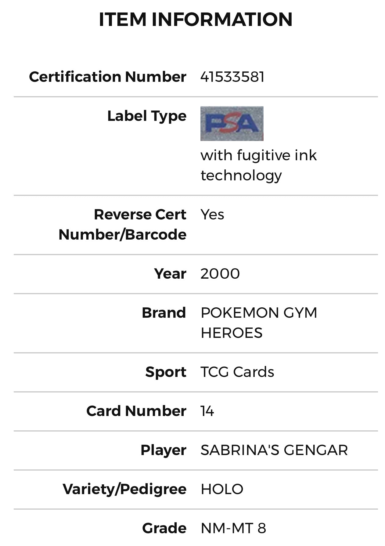 PSA 8 Sabrina’s Gengar Gym Heroes