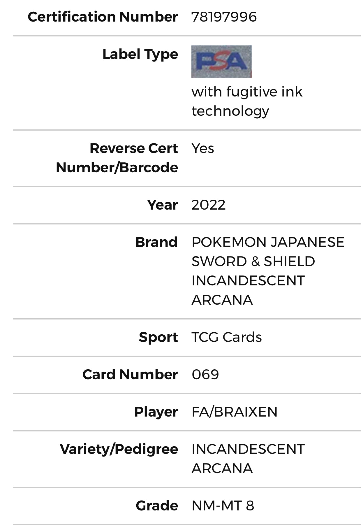 PSA 8 Braixen TG (J) Incandescent Arcana