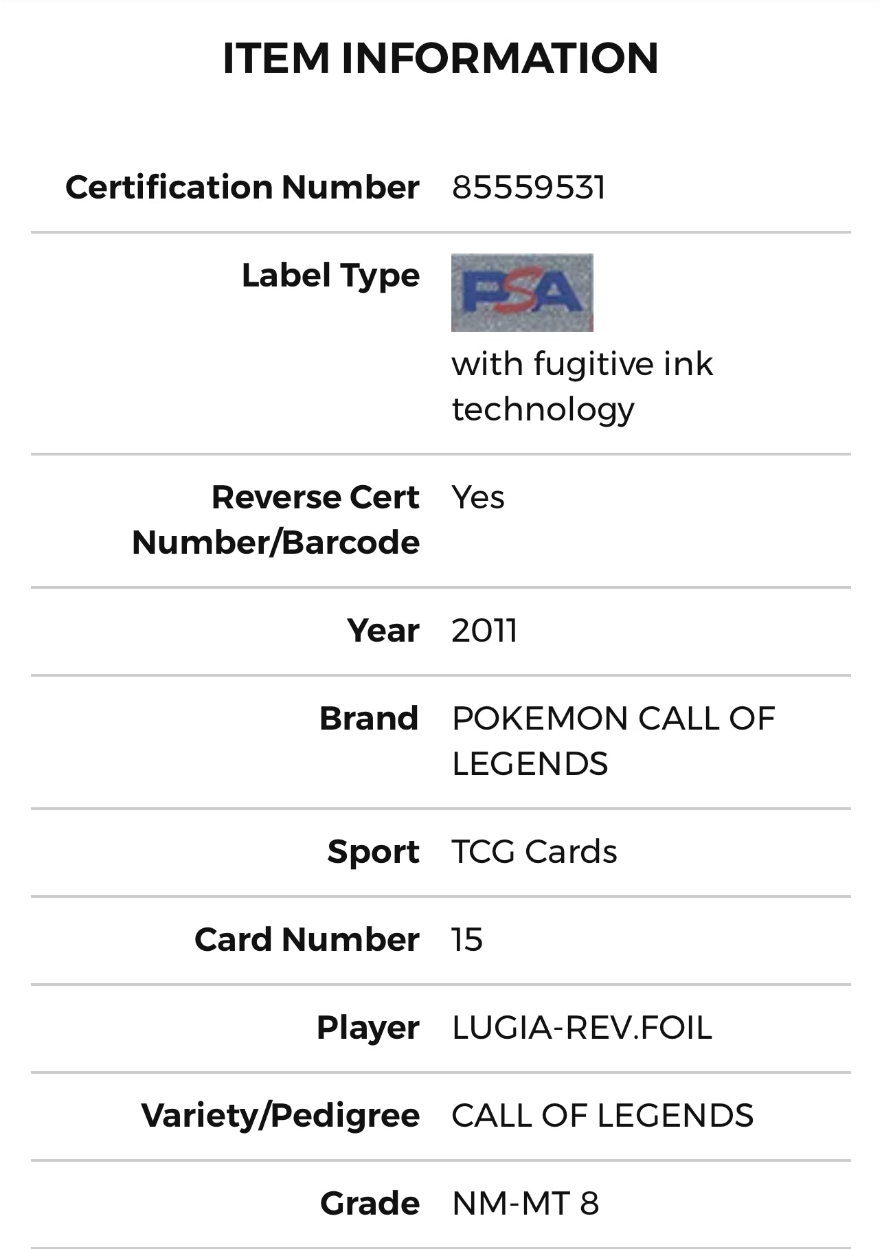 PSA 8 Lugia Rev. Foil Call of Legends