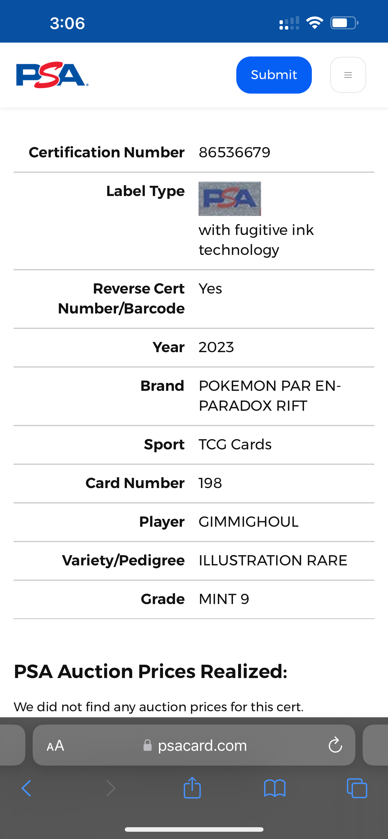 PSA 9 Gimmighoul IR Paradox Rift